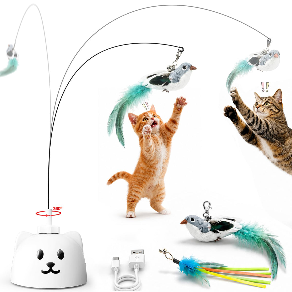 CATPICK front view showing flying bird wand and base for interactive play