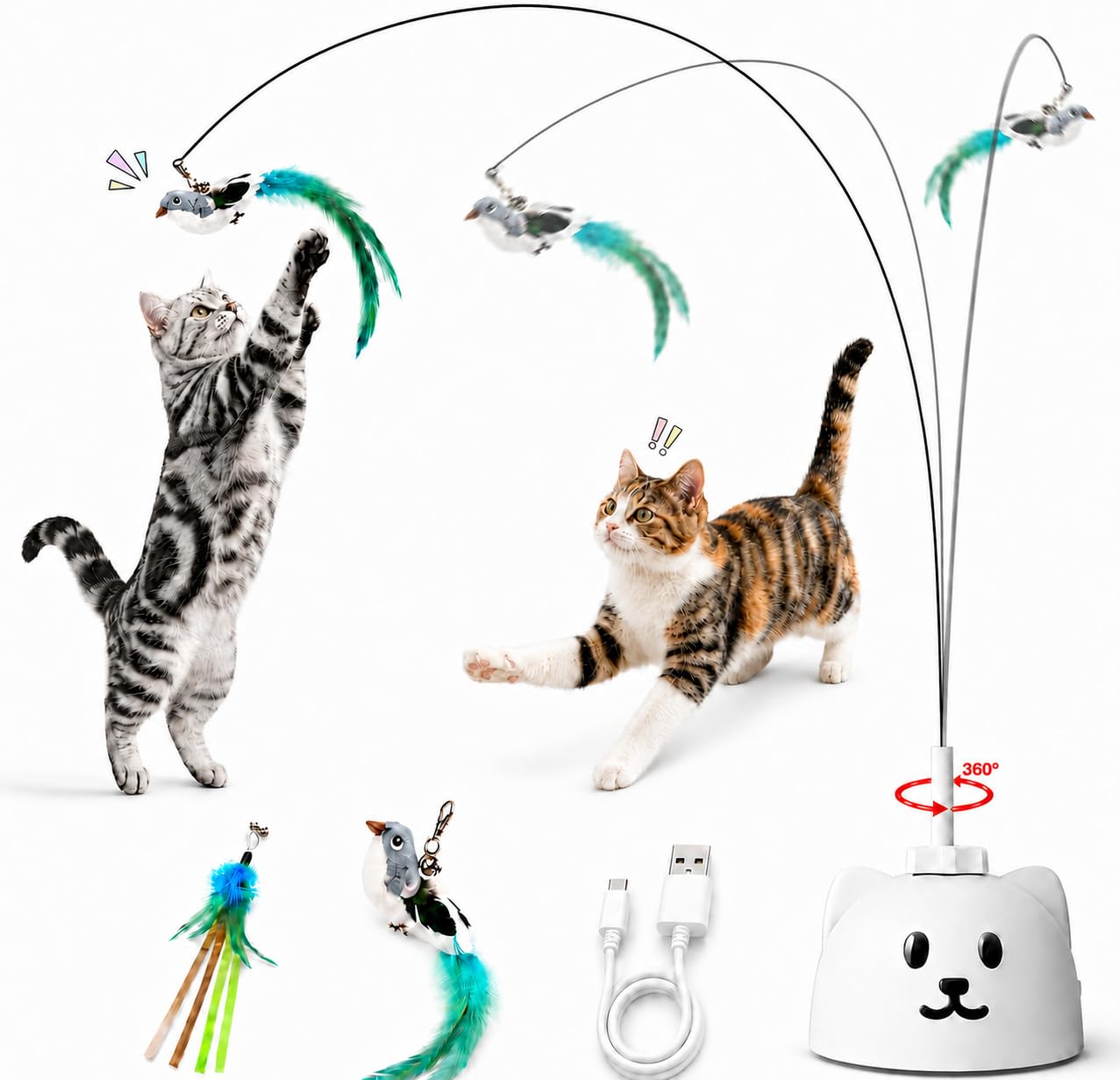 Catpick Joy front view showing the spinning feather wand and stable base for engaging play