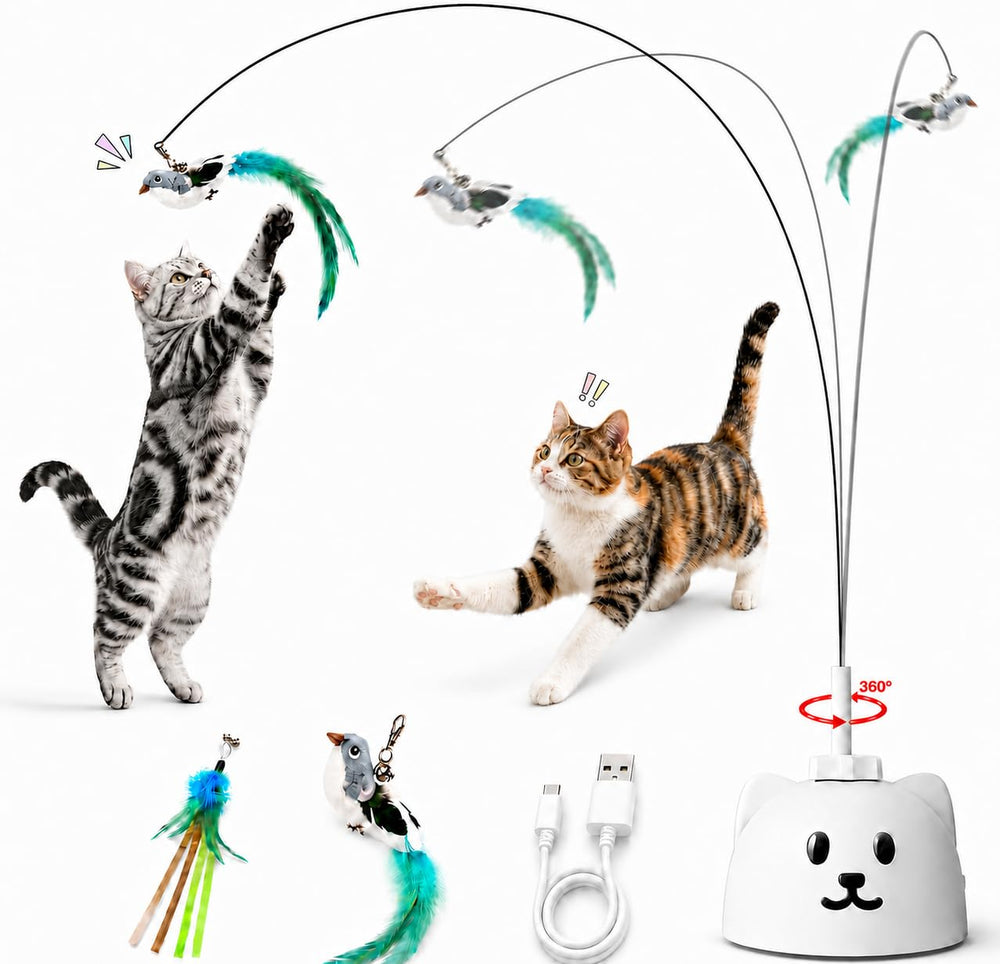 Catpick Joy front view showing the spinning feather wand and stable base for engaging play
