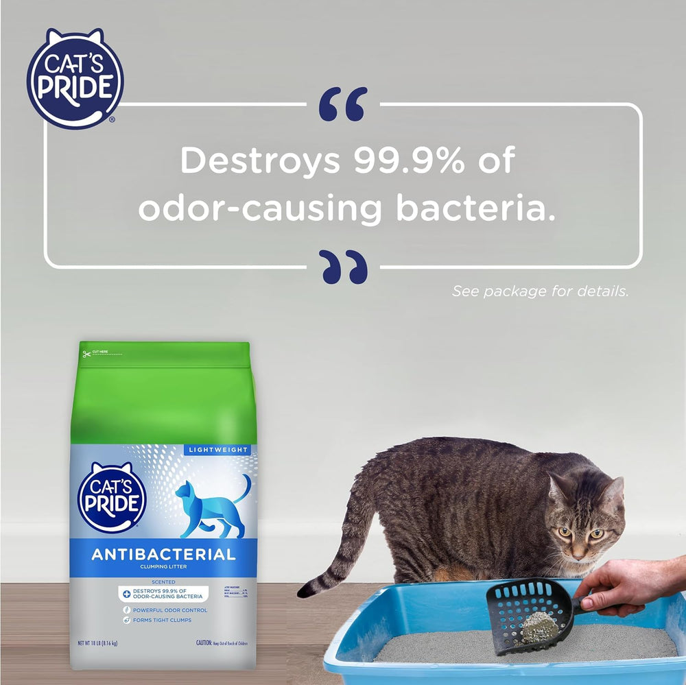 Cat's Pride 18lb bag beside household items showing lighter, easier-to-lift size