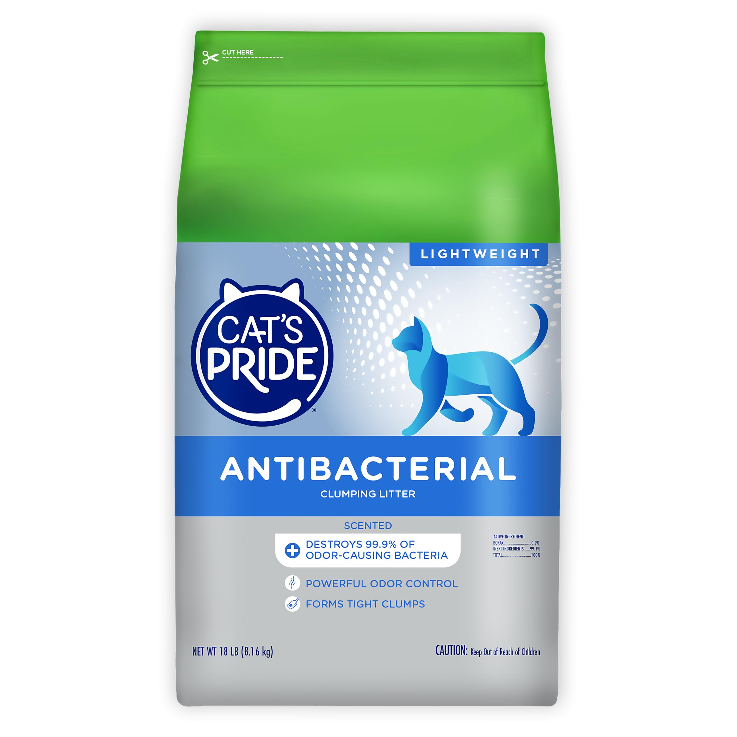 Cat's Pride front packaging showing antibacterial scented 18lb bag and benefits