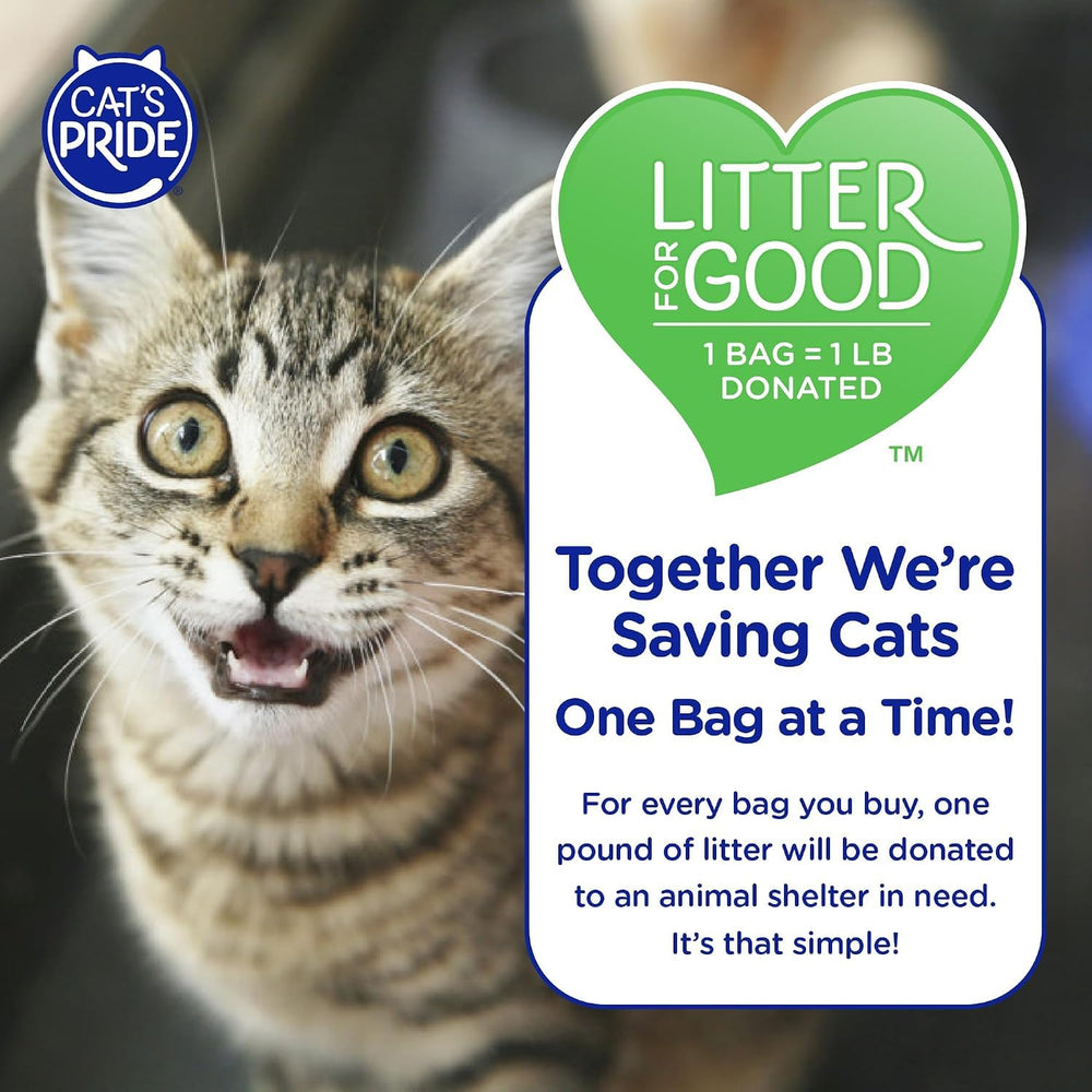 Cat's Pride bag label visible with feature icons for antibacterial clumping and scent