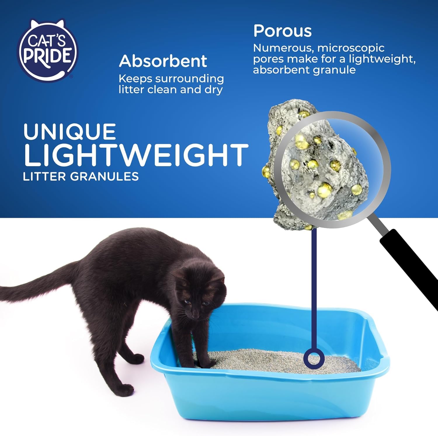 Cat's Pride litter in a clean litter box illustrating fast clumping during use