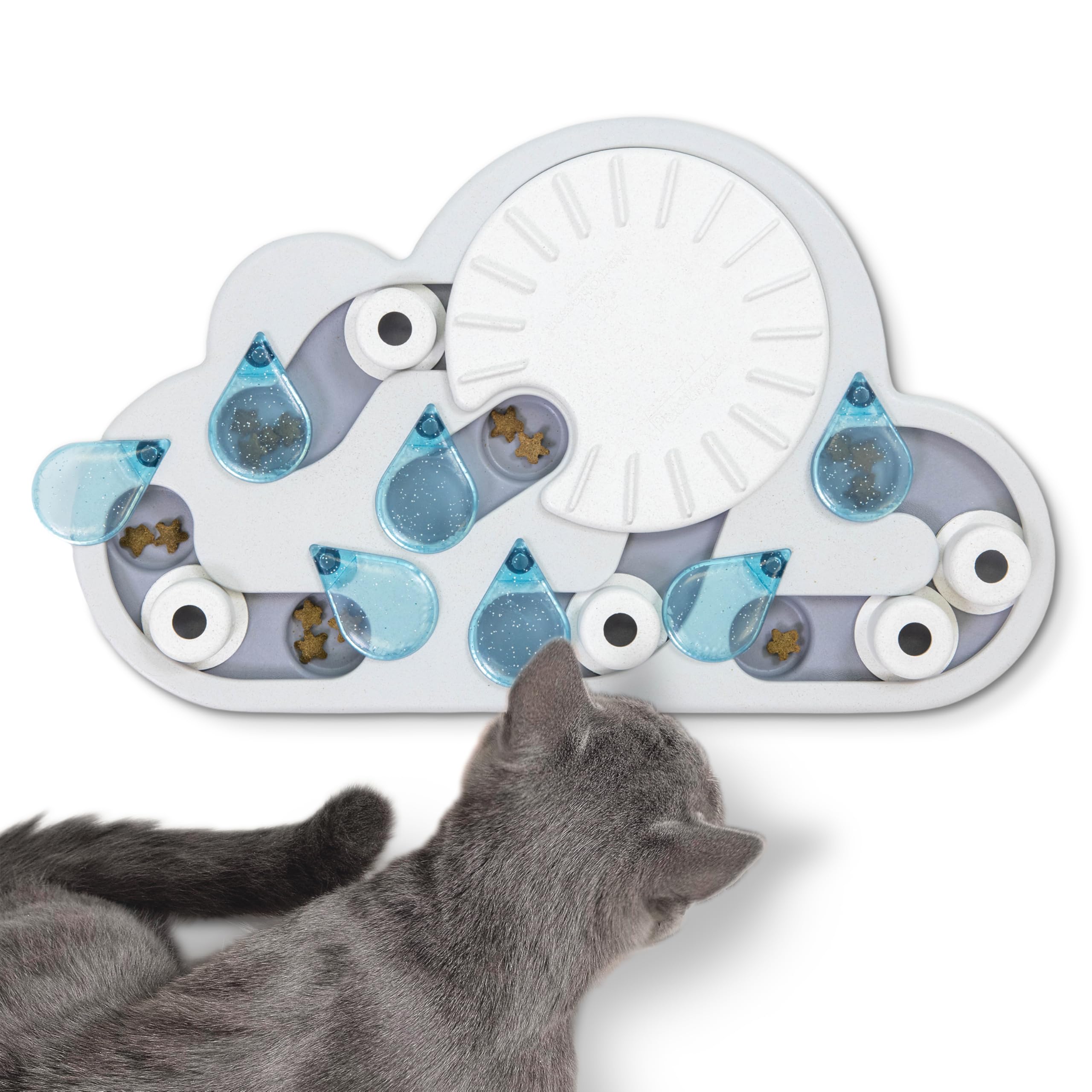 Catstages front view showing full Rainy Day puzzle and feeding benefit