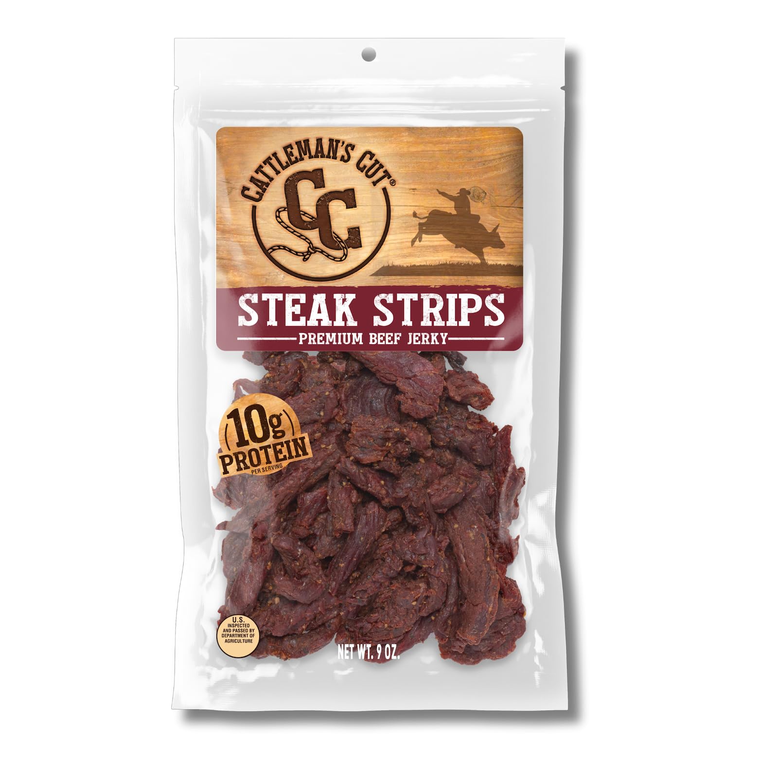 CATTLEMAN'S CUT front packaging showing clear bag and steak strips for honest quality