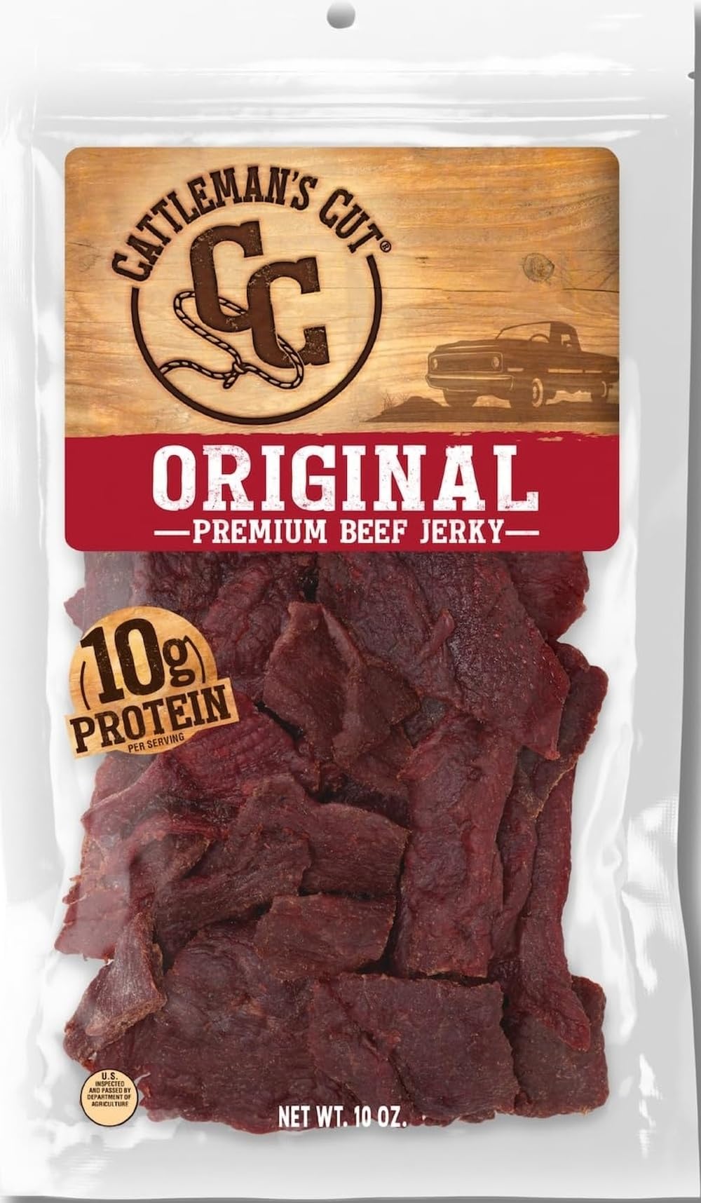 CATTLEMAN'S CUT front pack view showing clear bag and premium meat benefits