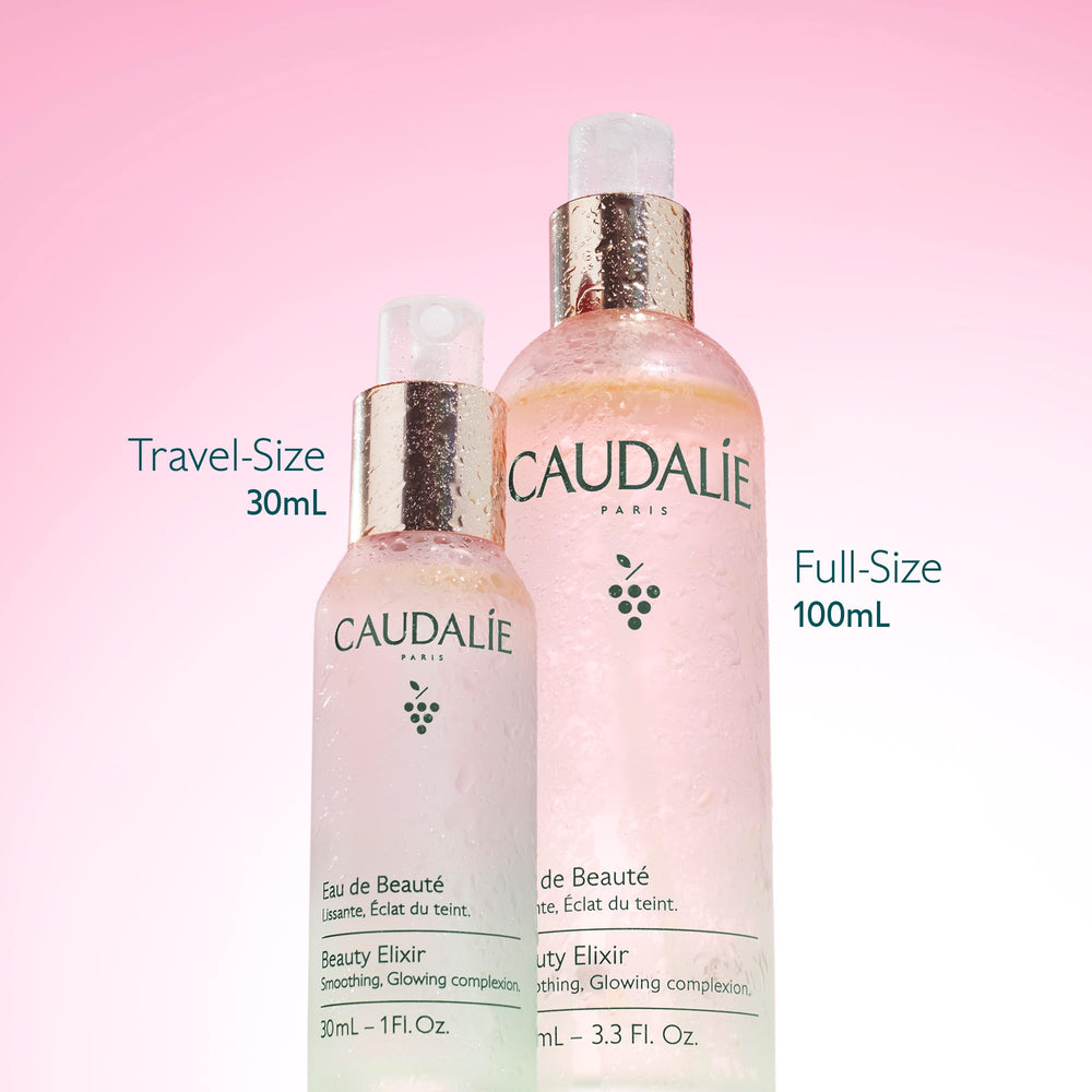 Woman spritzing Caudalie Beauty Elixir for refreshed skin and spa-like uplift