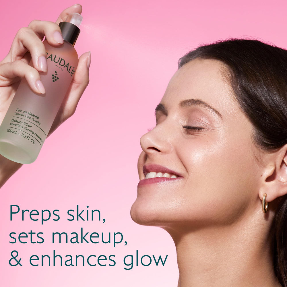 Caudalie Beauty Elixir misting spray in motion for instant radiance boost