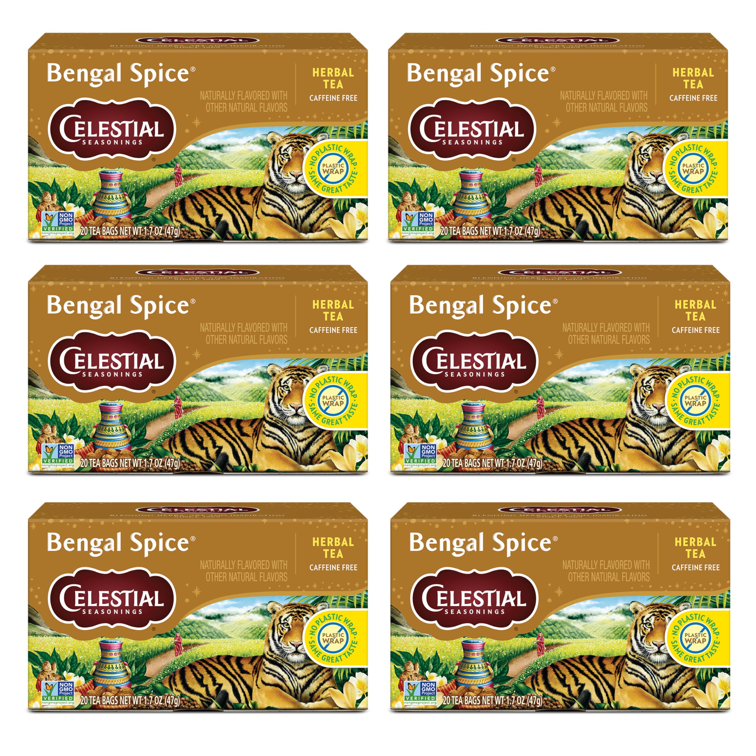 Celestial Seasonings front box showing Bengal Spice packaging and ingredients benefit convenience