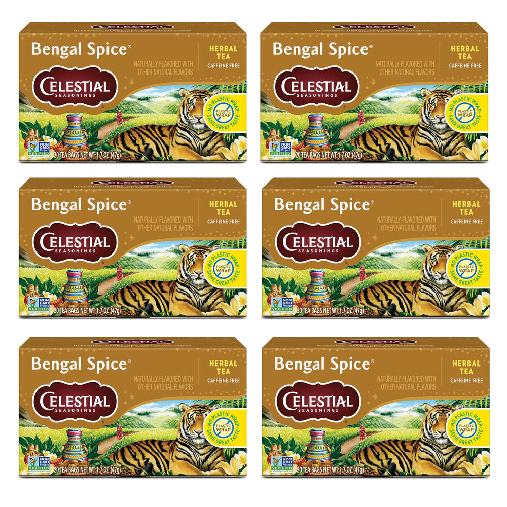 Celestial Seasonings front box showing Bengal Spice packaging and ingredients benefit convenience