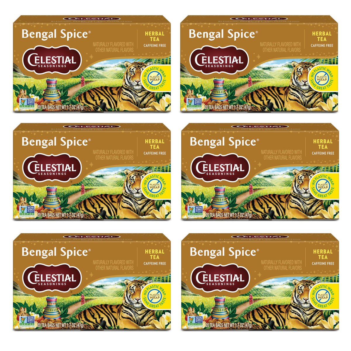Celestial Seasonings front box showing Bengal Spice packaging and ingredients benefit convenience