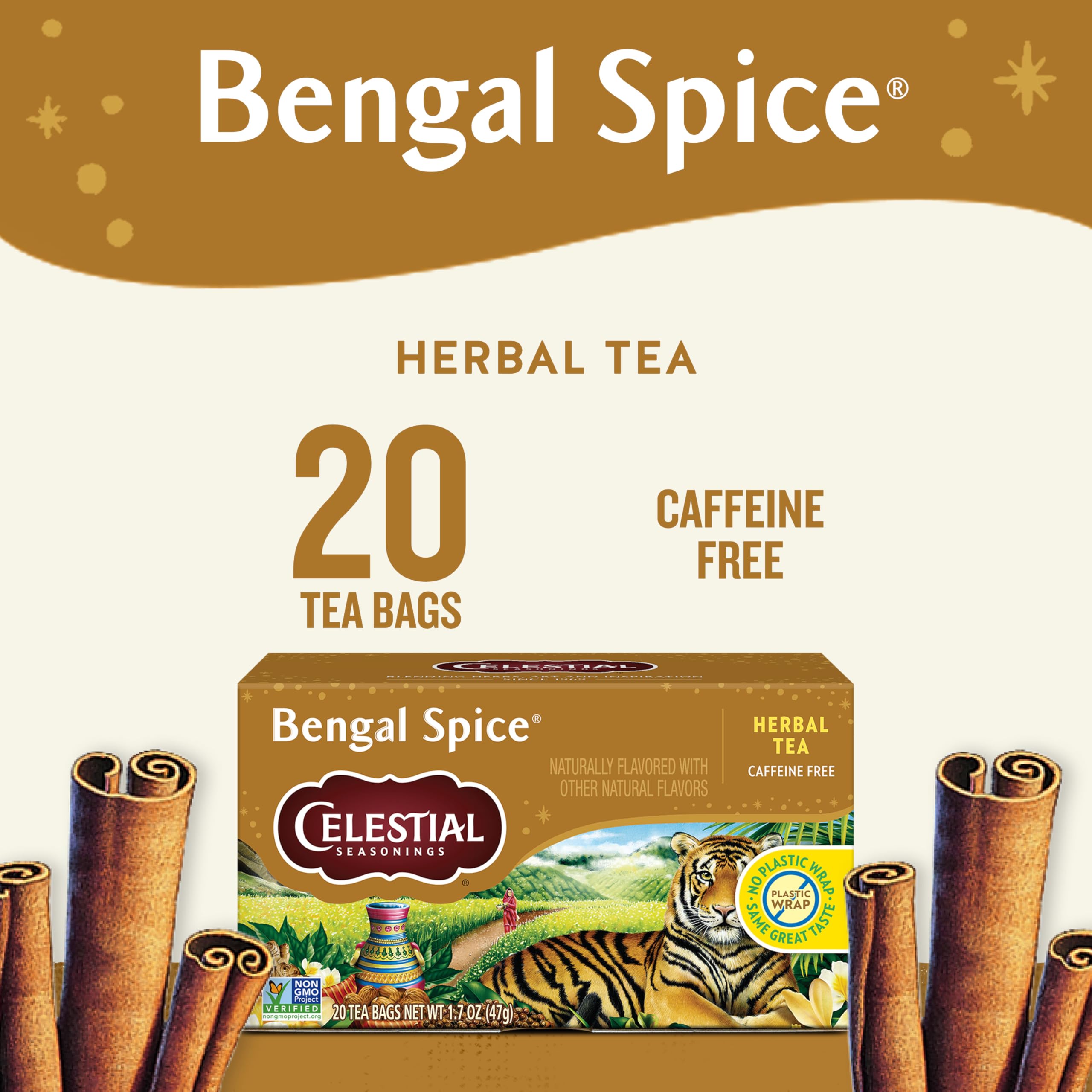 Celestial Seasonings tea bag close-up displaying untagged bag and clean steeping benefit