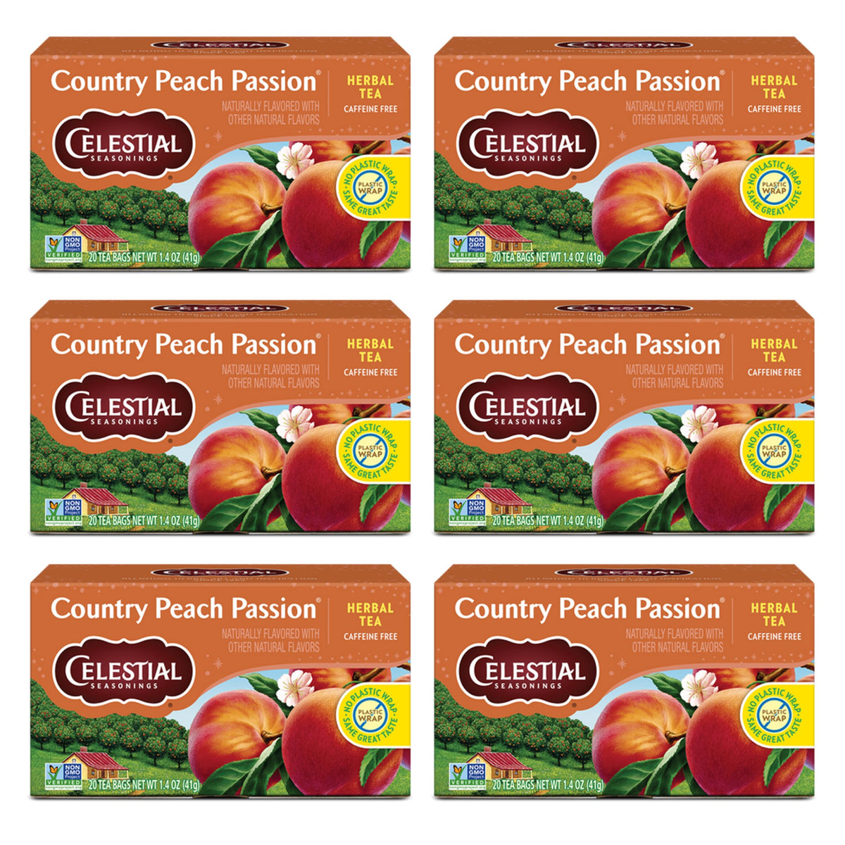 Celestial Seasonings front box showing Country Peach Passion and benefits
