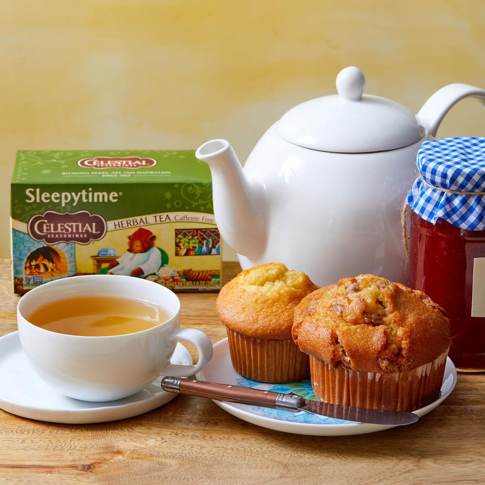 Bedside mug and box of Celestial Seasonings showing calming evening ritual benefit