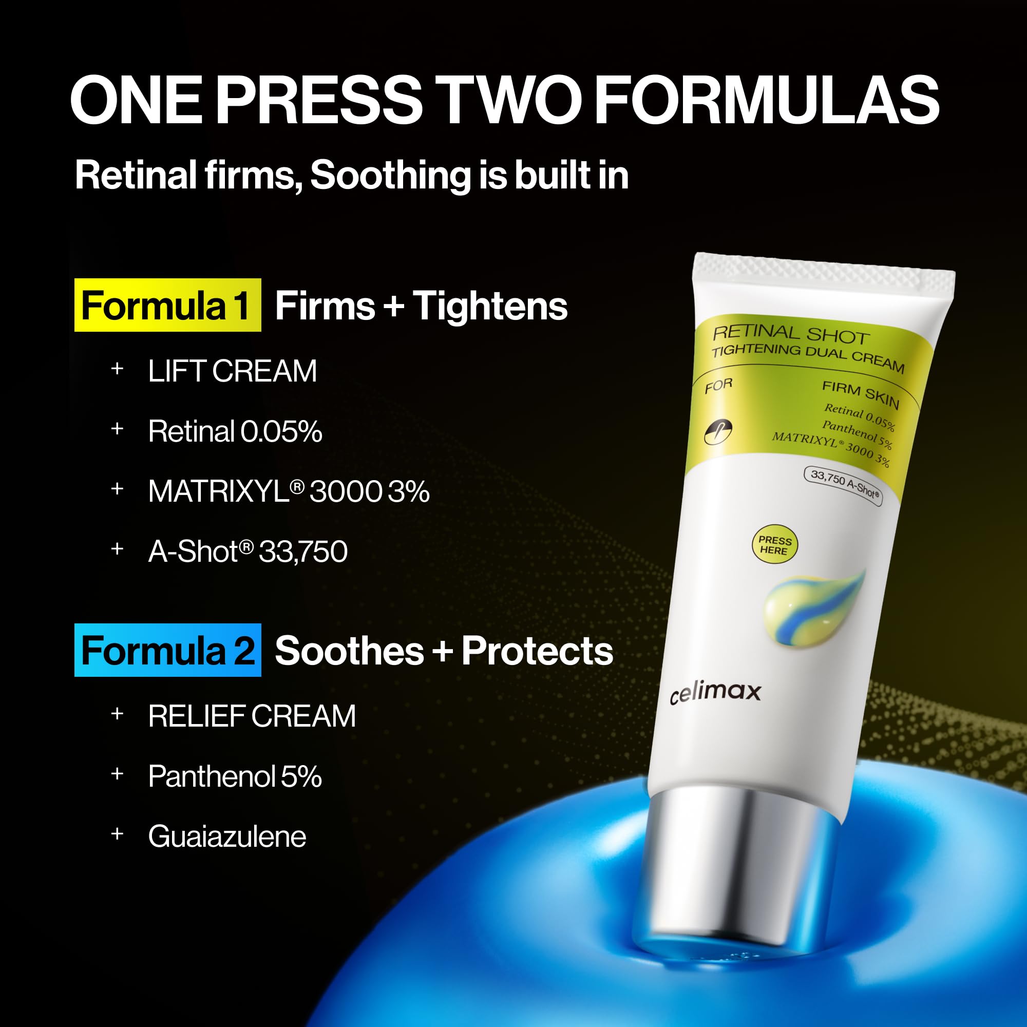celimax pump dispensing both yellow and blue creams for balanced delivery