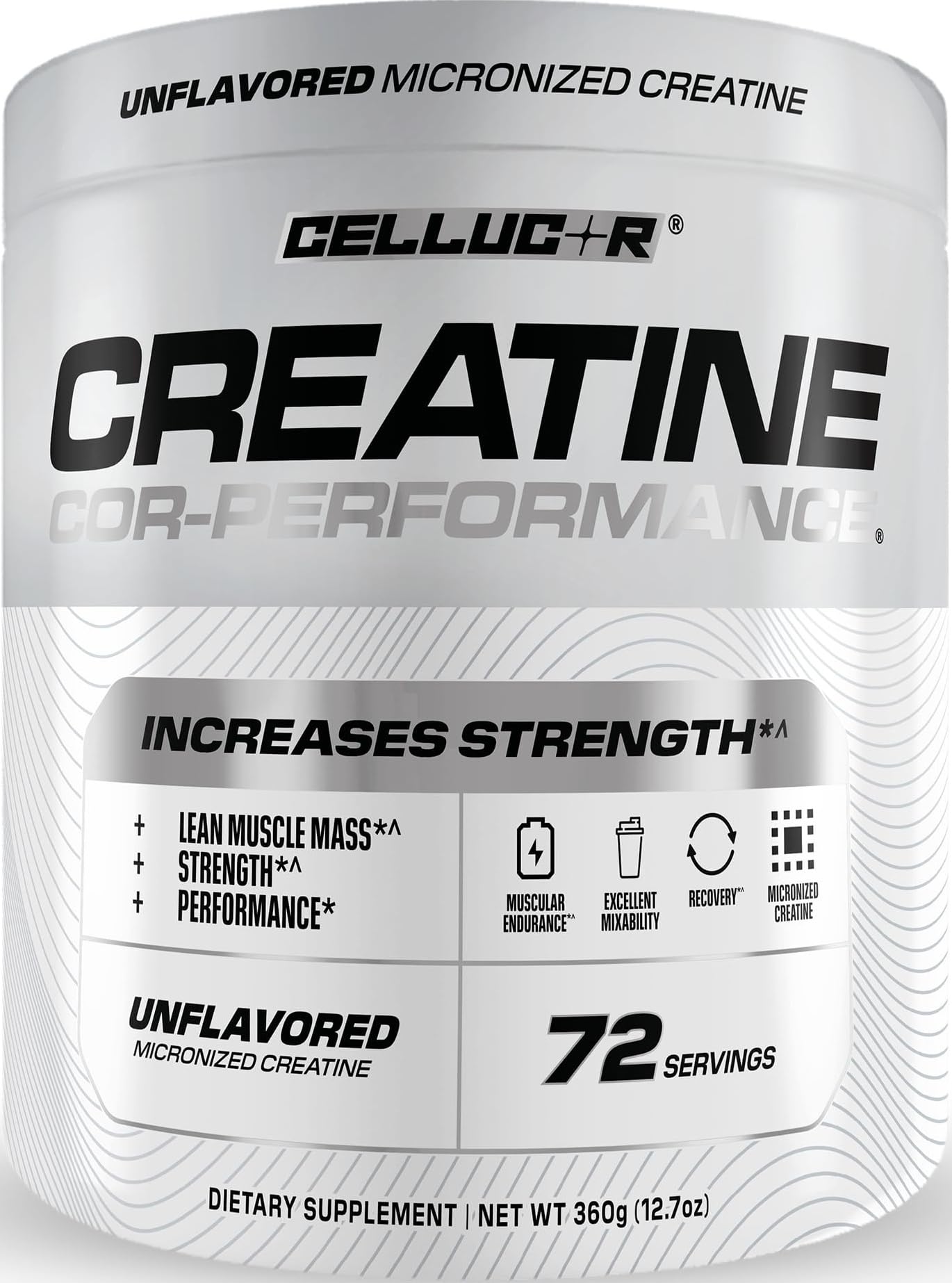 Cellucor tub front view showing product branding and servings benefit