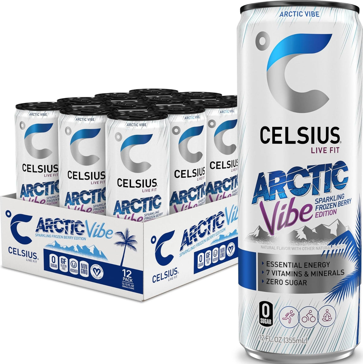 CELSIUS front can showing Arctic Vibe branding and frozen berry design benefits quick recognition