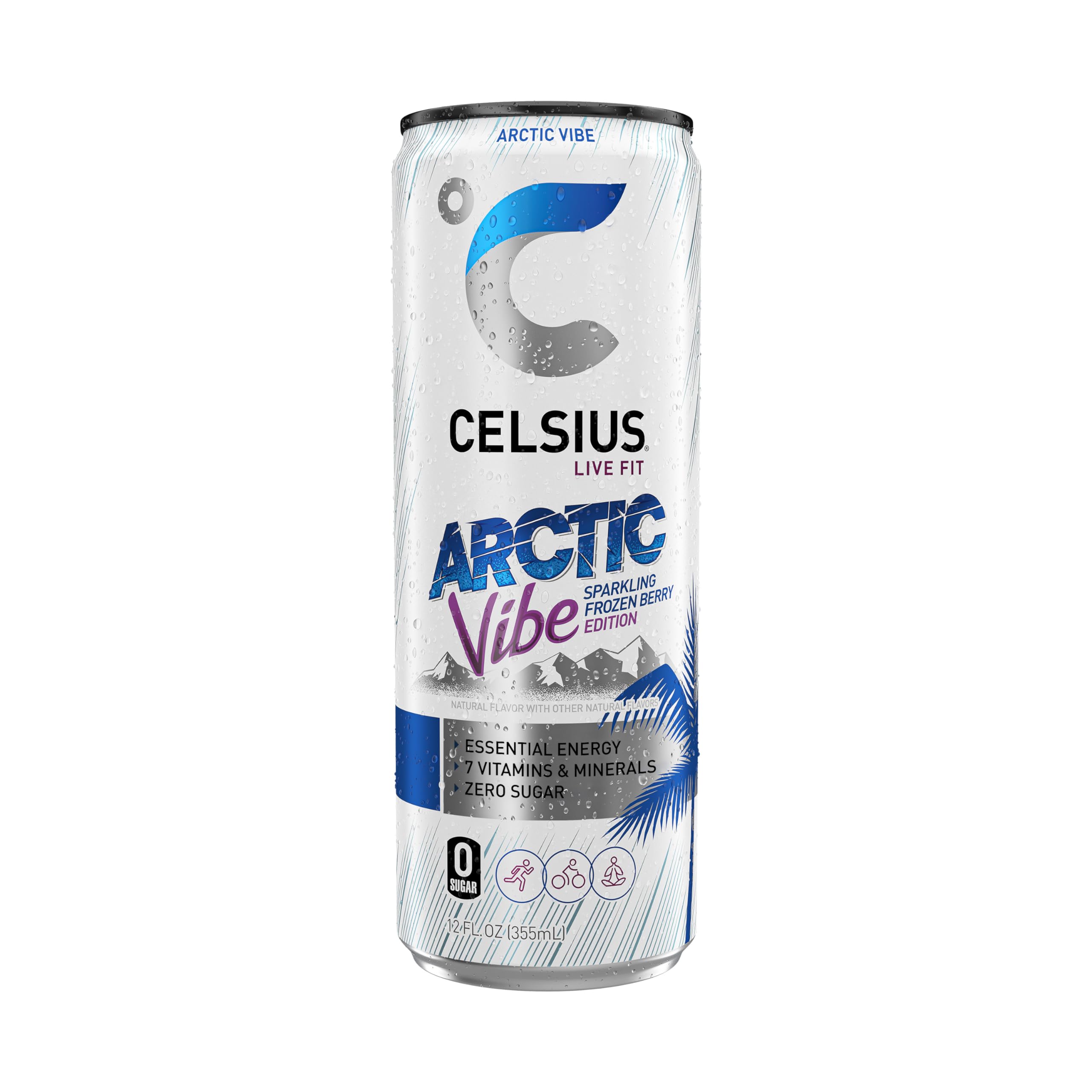 CELSIUS can on a sunny beach towel illustrating chilled refreshment for active lifestyles