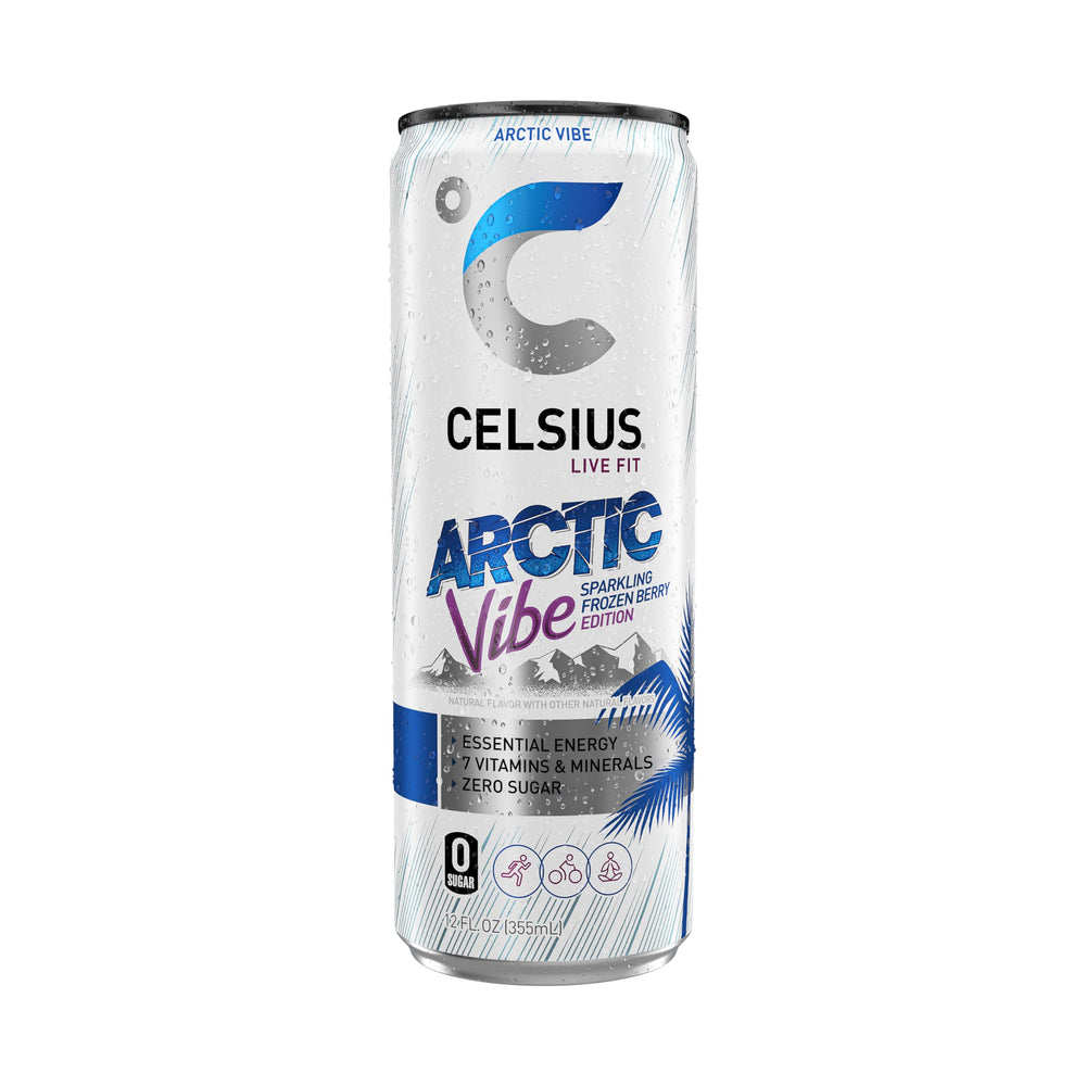 CELSIUS can on a sunny beach towel illustrating chilled refreshment for active lifestyles
