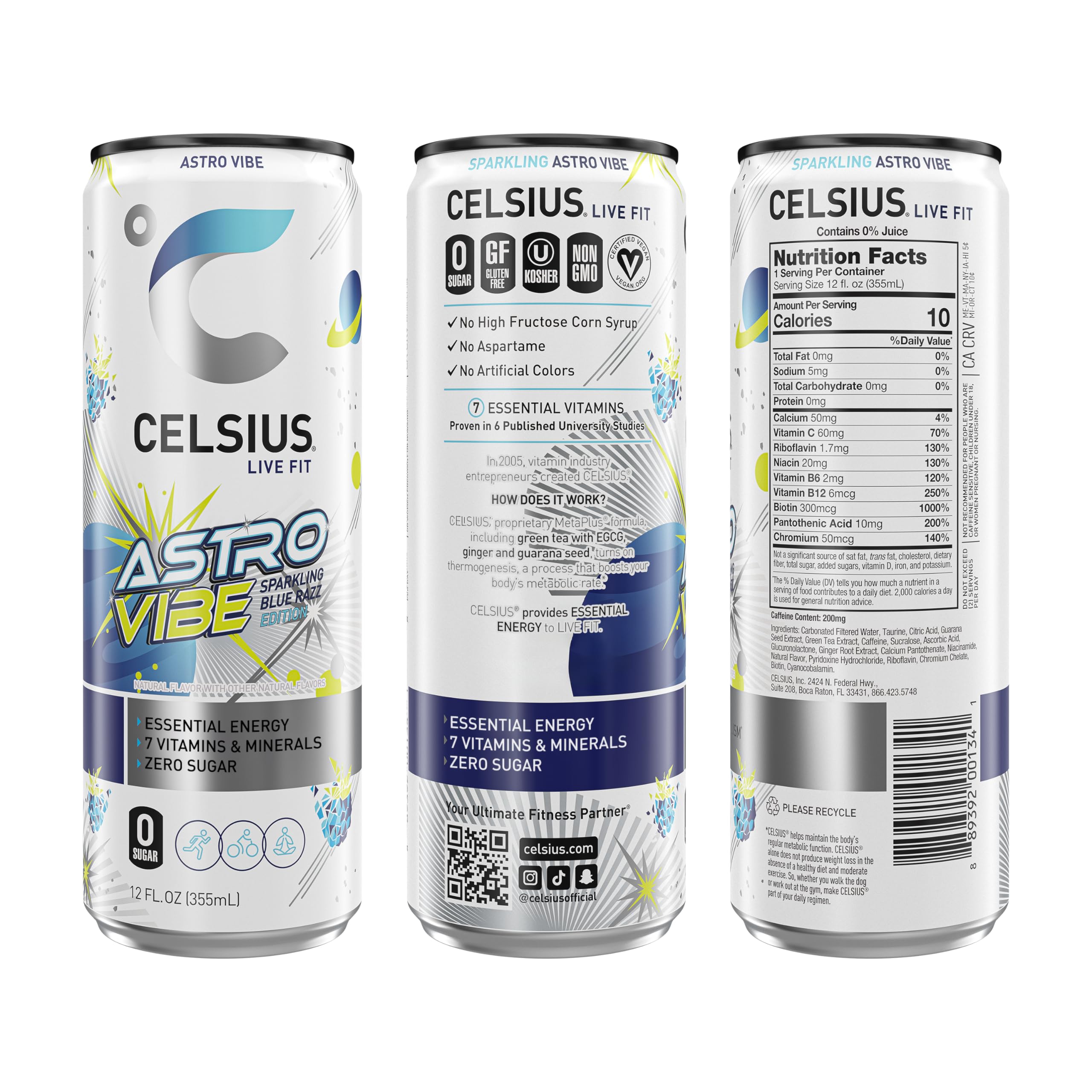 CELSIUS close-up of label highlighting vitamins and MetaPlus ingredients benefits
