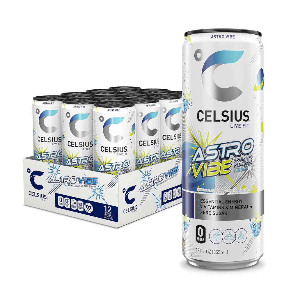CELSIUS front can showing Astro Vibe blue razz and slim design for portability