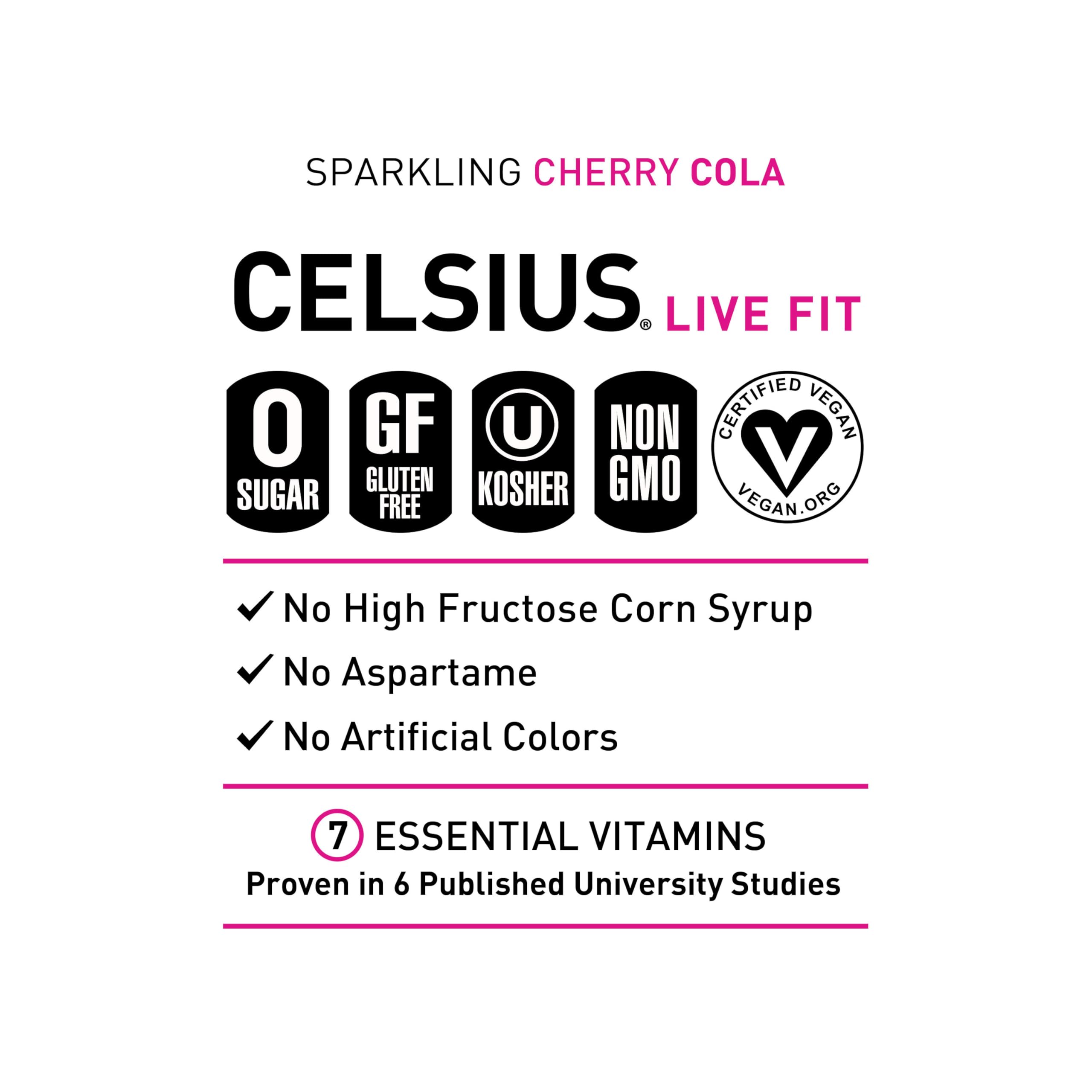 CELSIUS poured into glass over ice showing fizzy carbonation and refreshing taste benefit