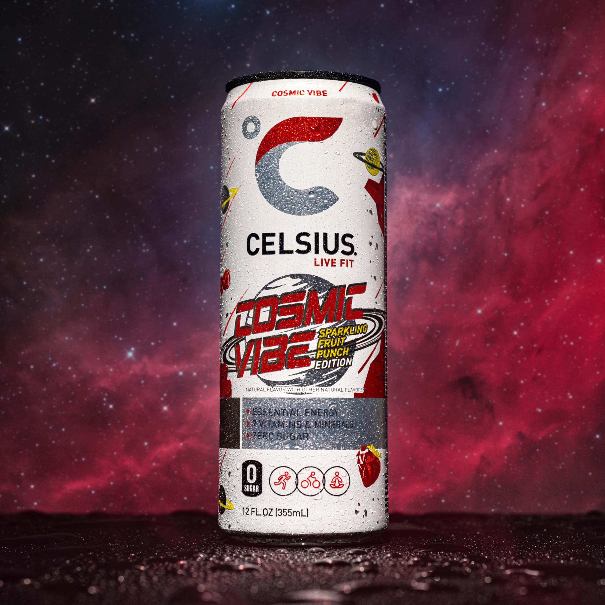 CELSIUS can on gym equipment portraying pre-workout energy and active lifestyle