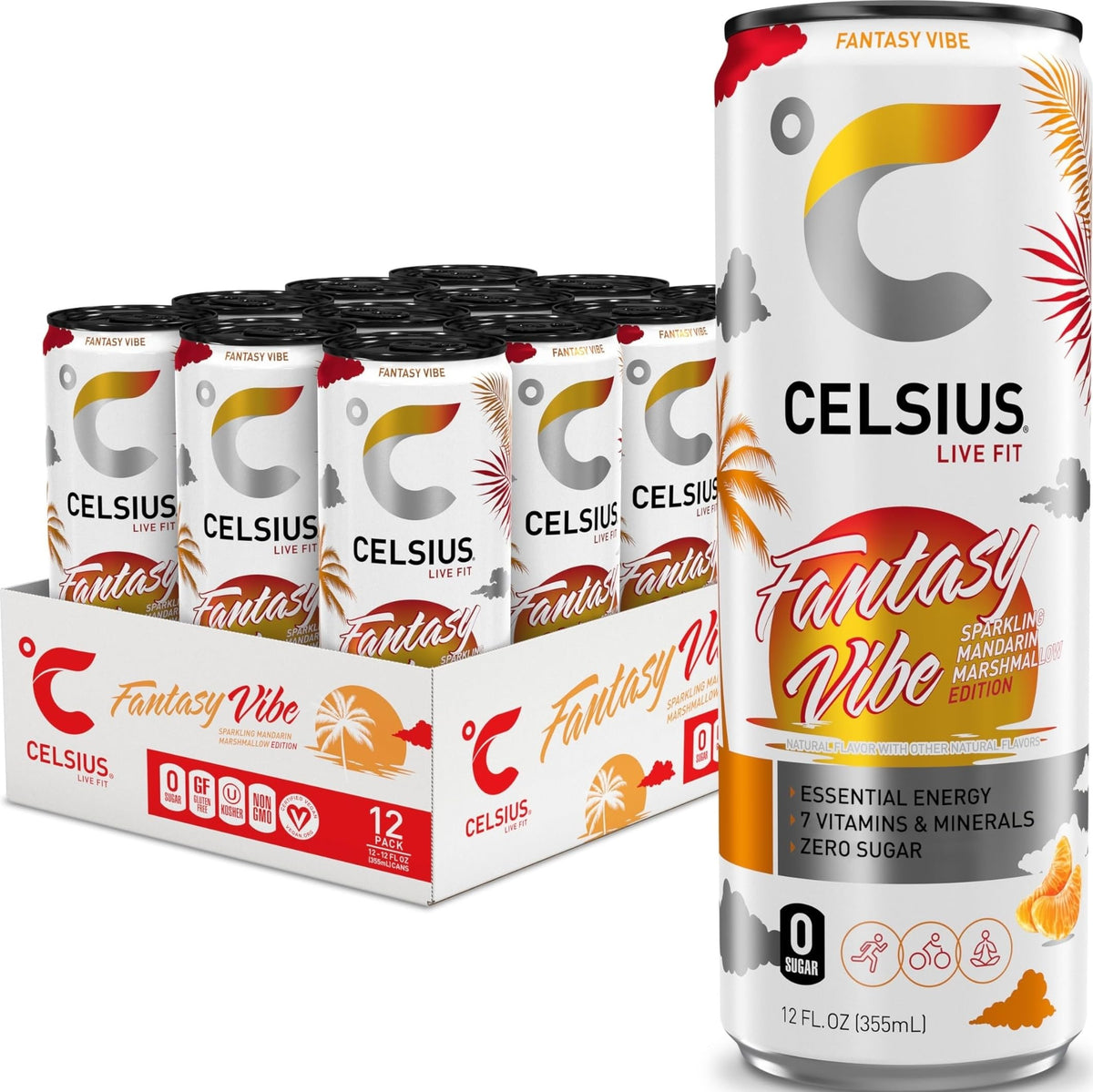 CELSIUS front packaging showing 12-pack and vibrant mandarin marshmallow branding for quick recognition