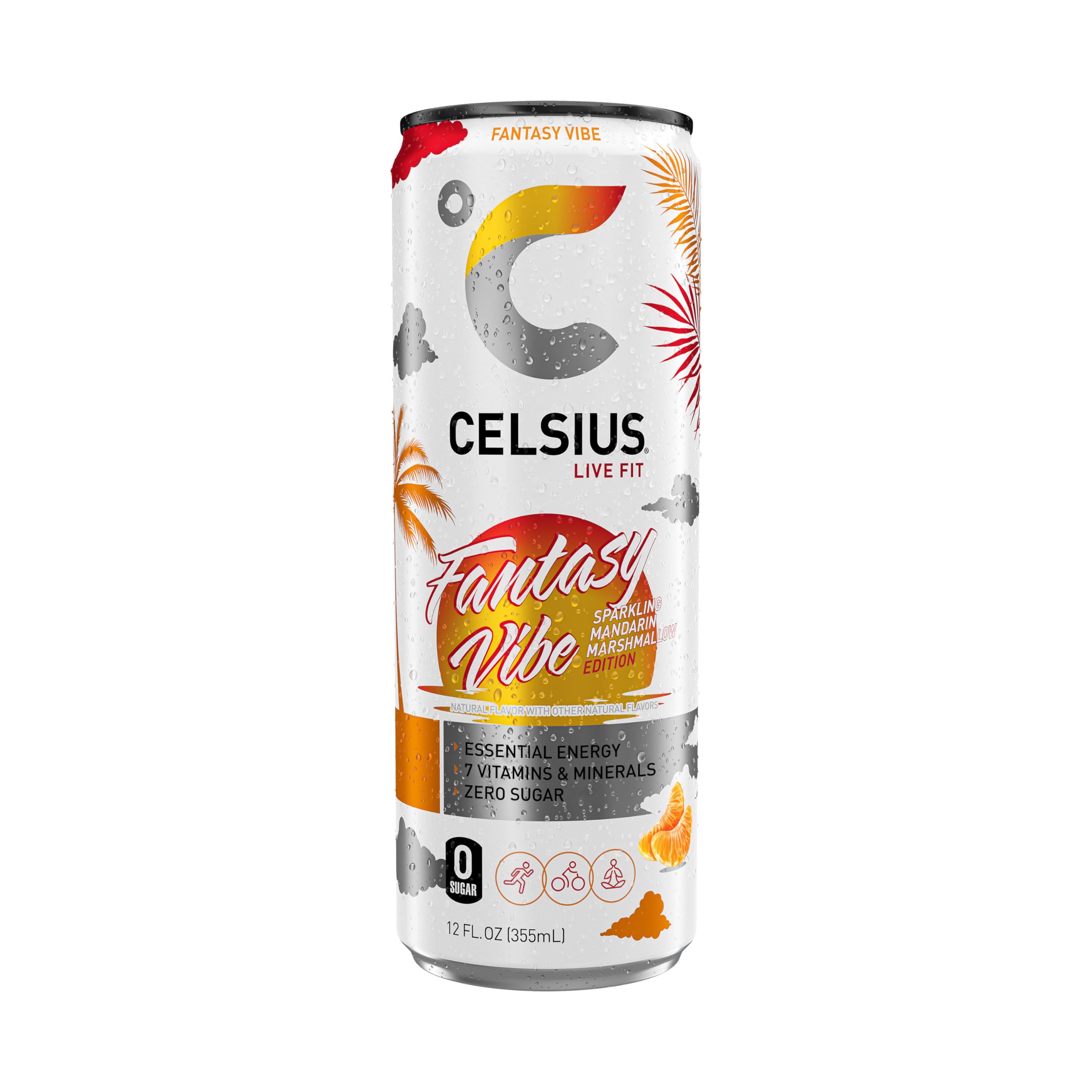 CELSIUS can on a sunny beach towel conveying lifestyle energy and mood-boosting refreshment