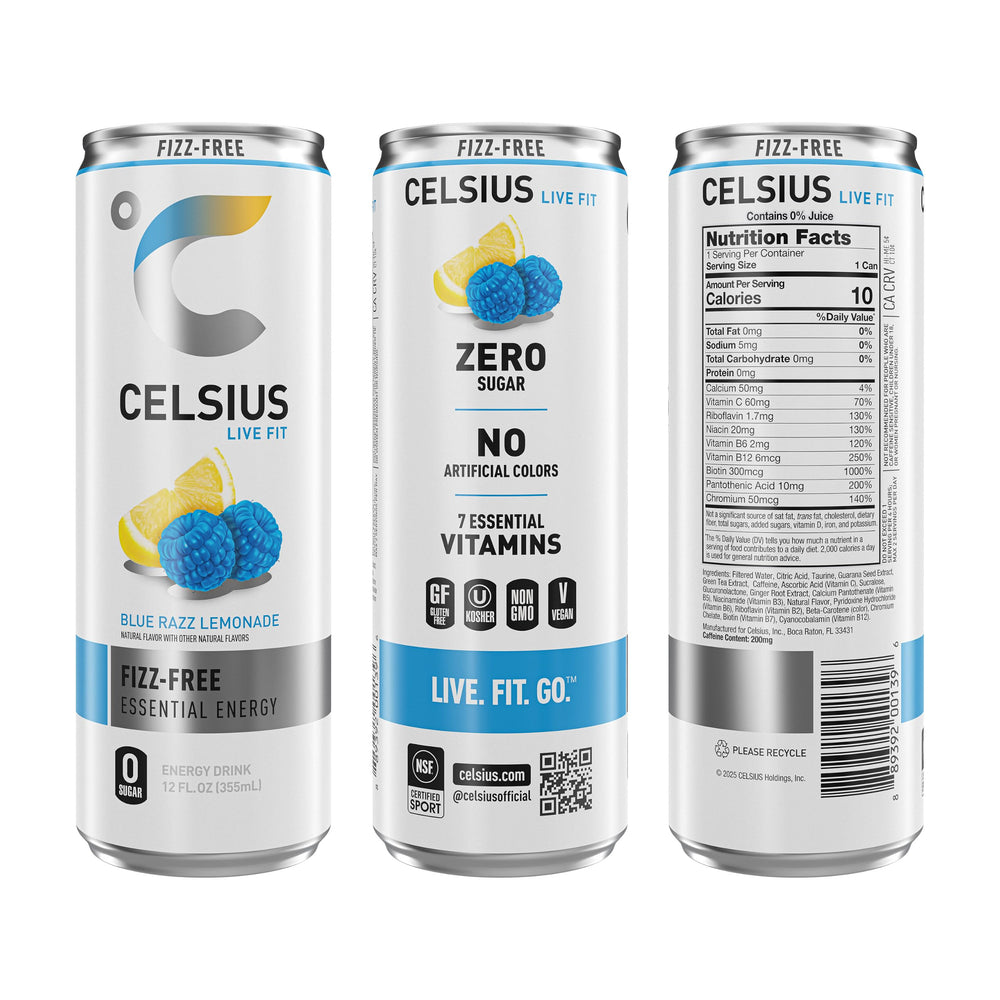 CELSIUS label close-up showing MetaPlus ingredients and vitamins benefit