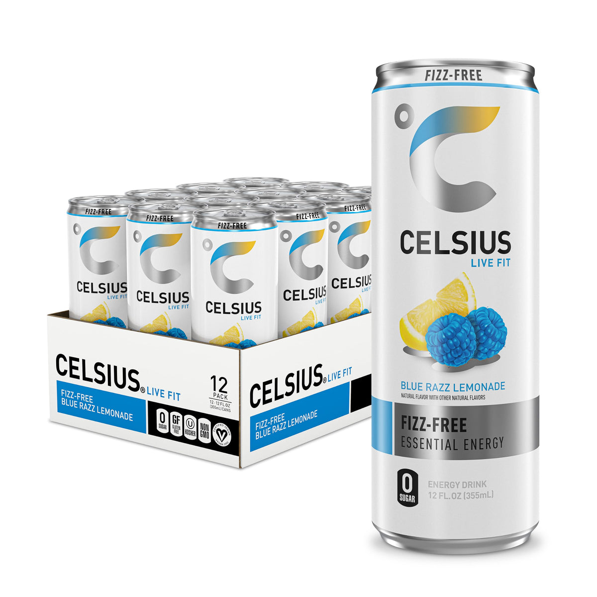 CELSIUS front can showing blue razz lemonade branding and energetic look