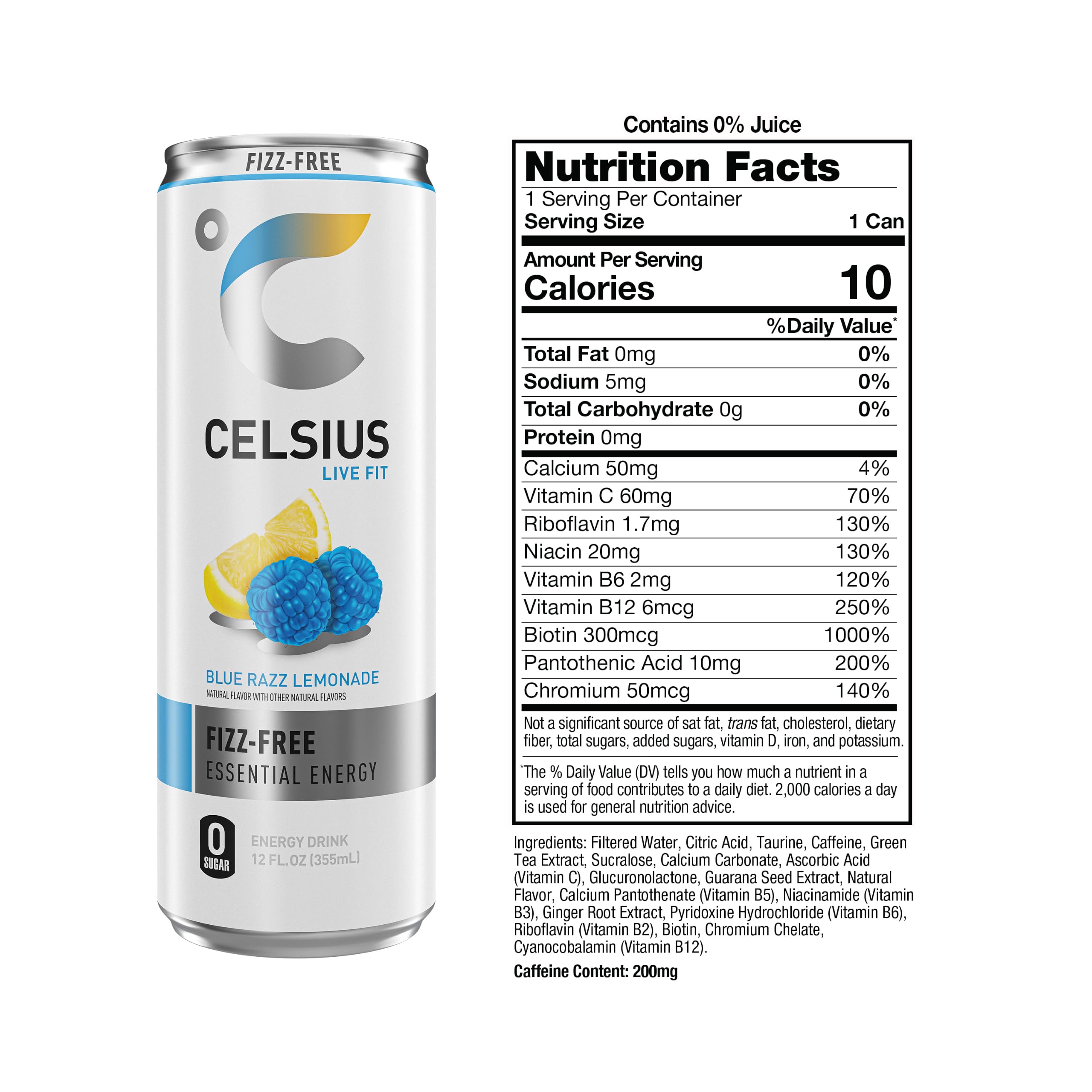 CELSIUS slim can side view showing calorie and ingredient highlights