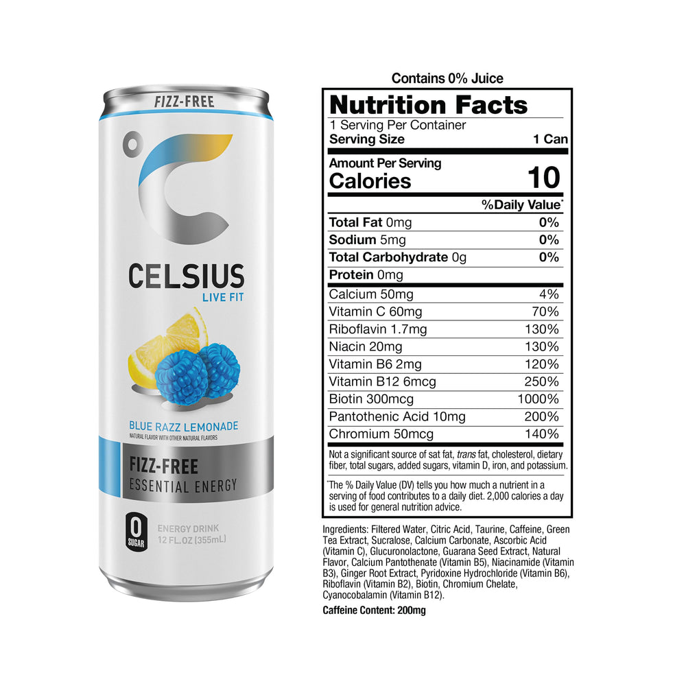 CELSIUS slim can side view showing calorie and ingredient highlights
