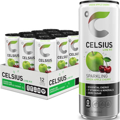 CELSIUS front can showing green apple cherry flavor and bold branding, energizing refreshment