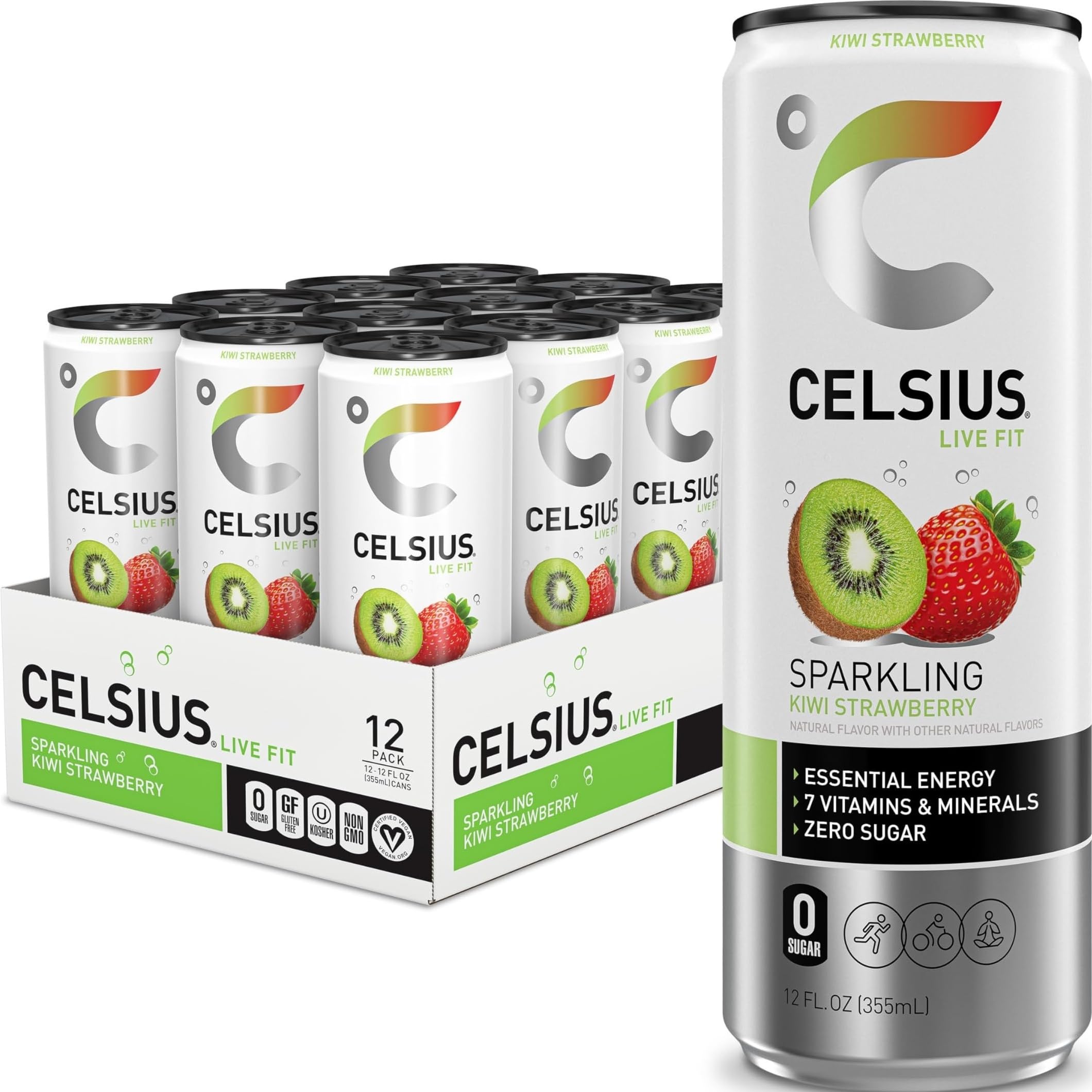 CELSIUS front can showing Kiwi Strawberry flavor and 200mg caffeine benefit