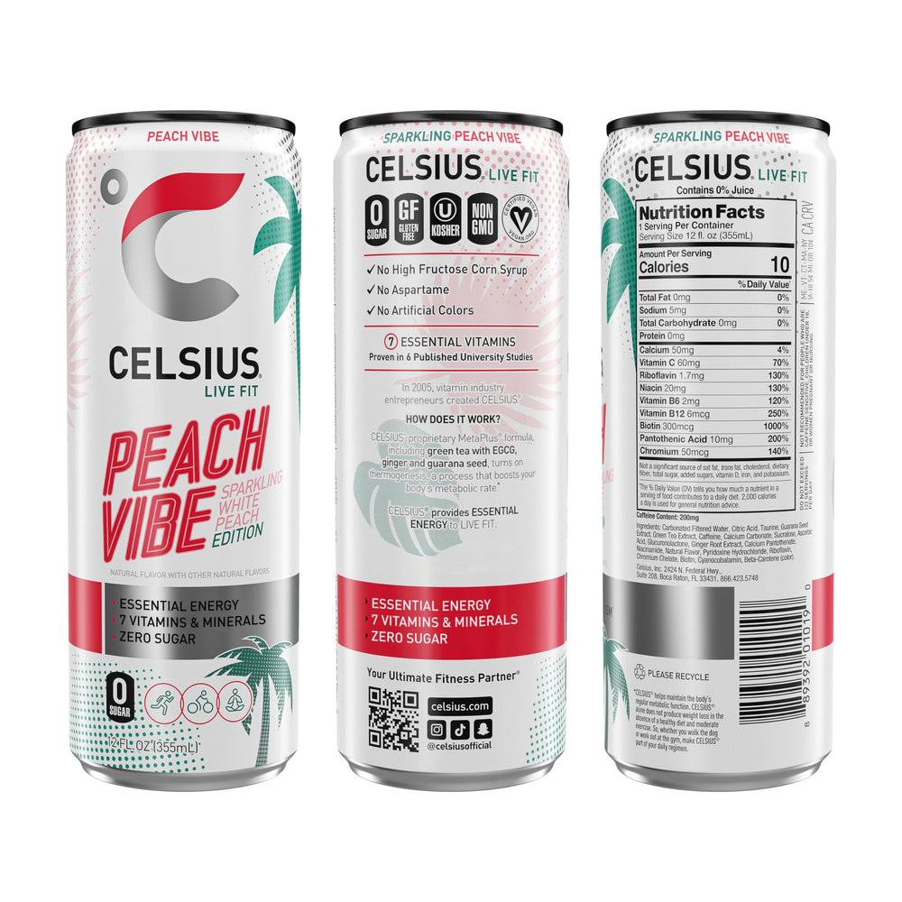 CELSIUS peach vibe can close-up highlighting label and energy boost