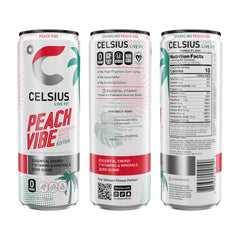CELSIUS peach vibe can close-up highlighting label and energy boost