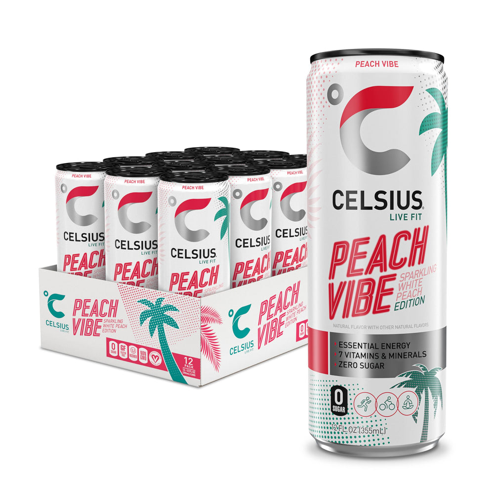 CELSIUS front packaging showing 12-pack and peach flavor benefit convenience