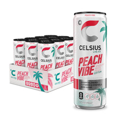CELSIUS front packaging showing 12-pack and peach flavor benefit convenience