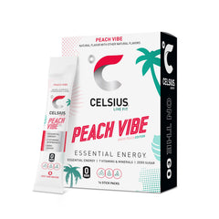 CELSIUS front packaging showing peach vibe sticks and benefits
