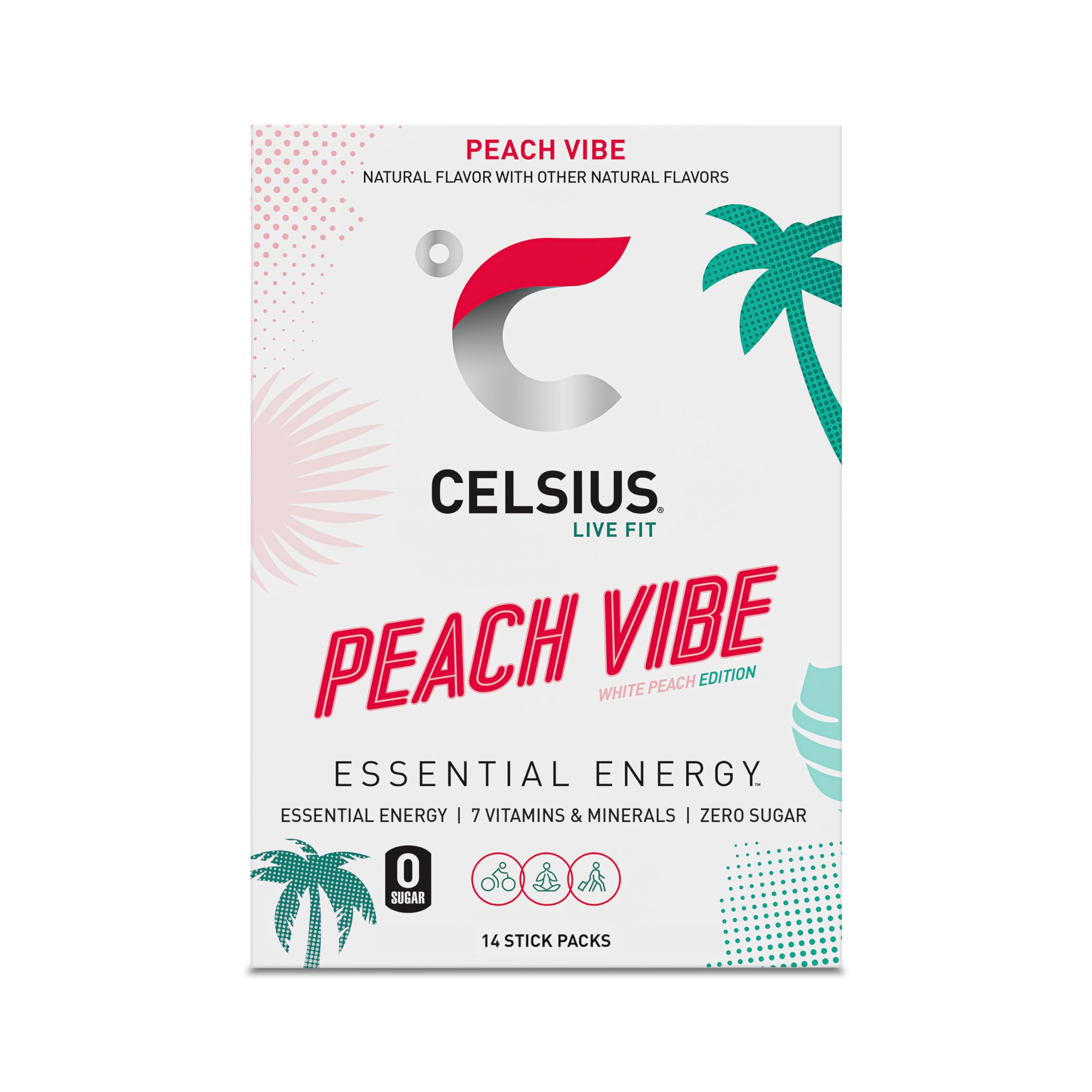 CELSIUS sticks in backpack at beach showing travel-ready energy