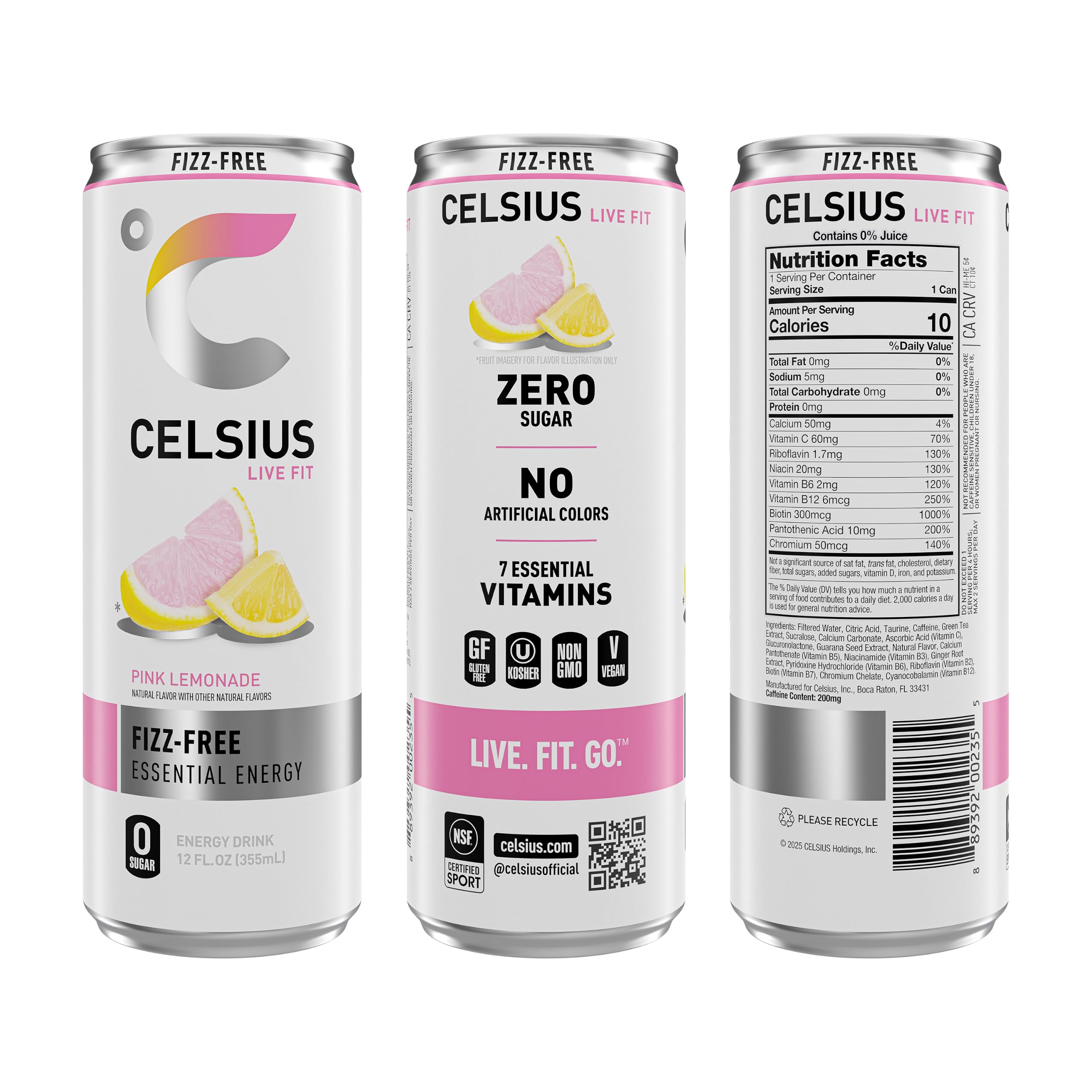 CELSIUS side label detail showing ingredient highlights and vitamin list for clarity