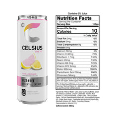 CELSIUS pouring pink lemonade liquid into glass demonstrating smooth, fizz-free texture