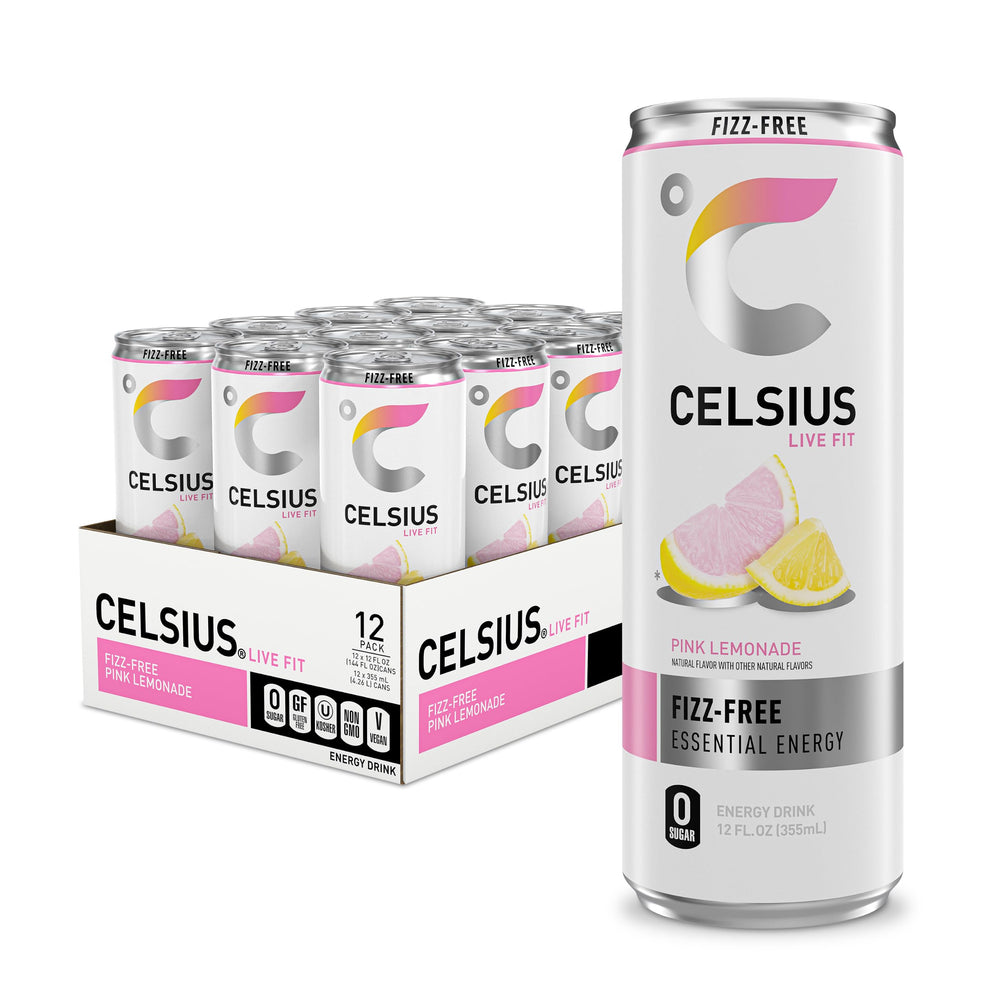 CELSIUS front-facing can showing pink lemonade label and clean energy branding