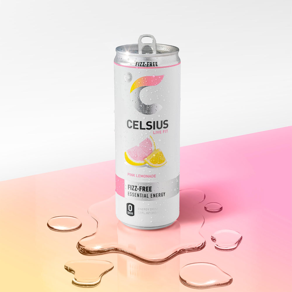 CELSIUS can on gym bench in fitness setting suggesting pre-workout energy boost