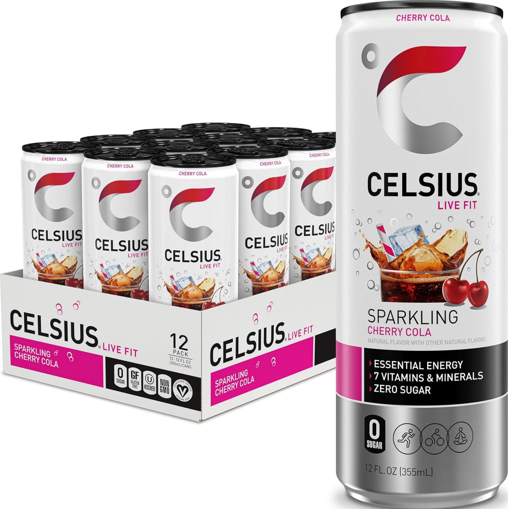 CELSIUS front can view showing cherry cola label and convenient slim design benefit