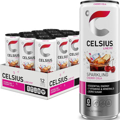 CELSIUS front can view showing cherry cola label and convenient slim design benefit
