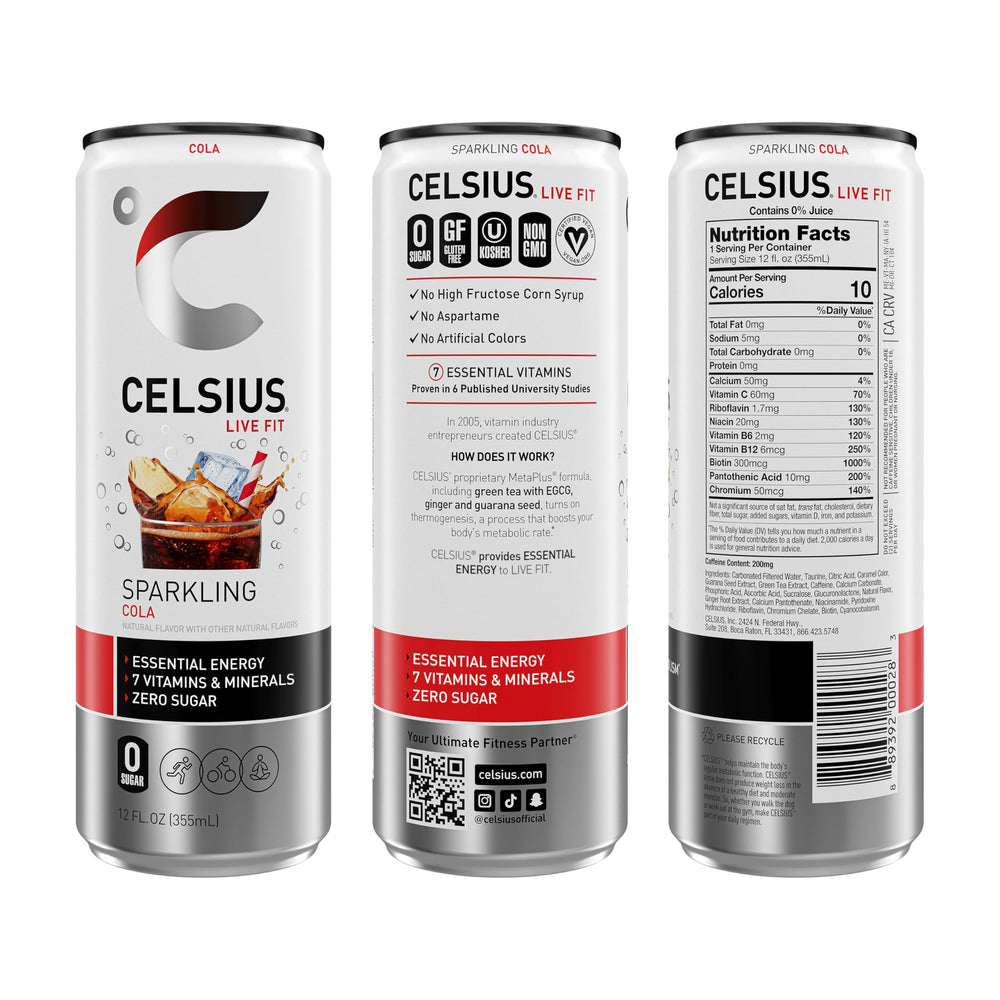 CELSIUS slim can side view highlighting cola design and portable convenience