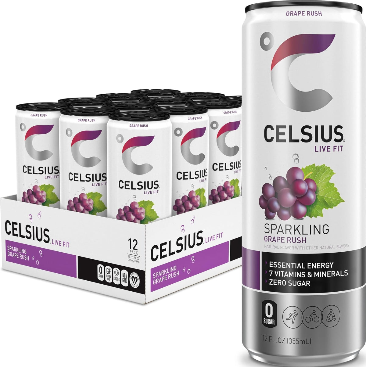 CELSIUS front packaging showing 12-pack and grape flavor, highlighting convenience