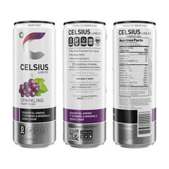 CELSIUS slim can profile of Sparkling Grape Rush, emphasizing portability